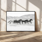 Wild Horses Running Wall Art Canvas Print, Framed Black White Mustangs Artwork