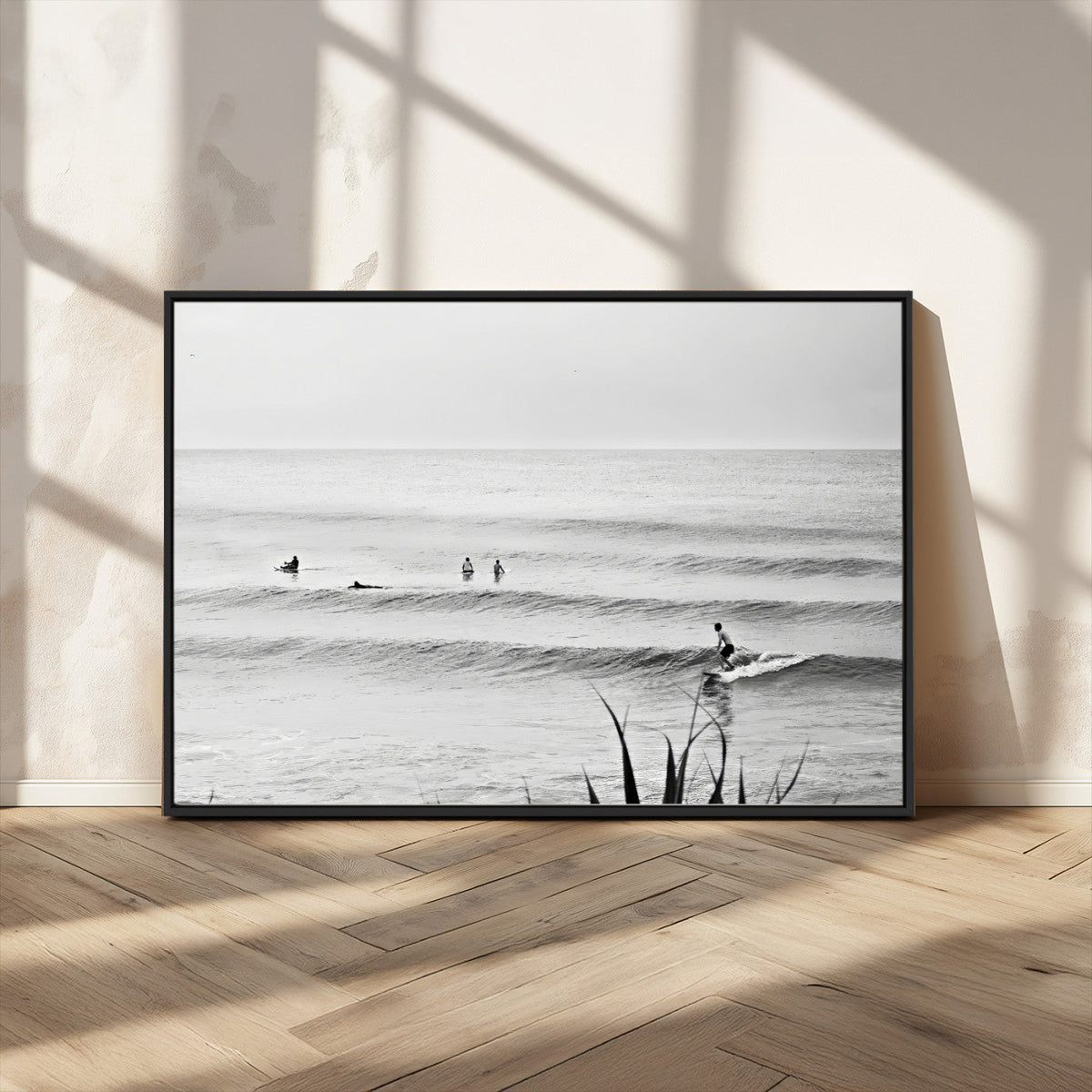 Surfer Silhouette Wall Art Canvas Print, Framed Calm Ocean Monochrome Surf