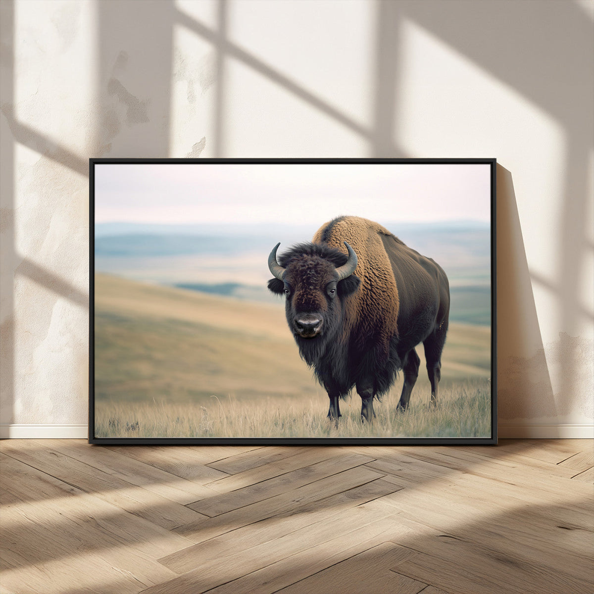 Bison Wall Art Canvas Print, Framed American Buffalo Rustic Western Artwork