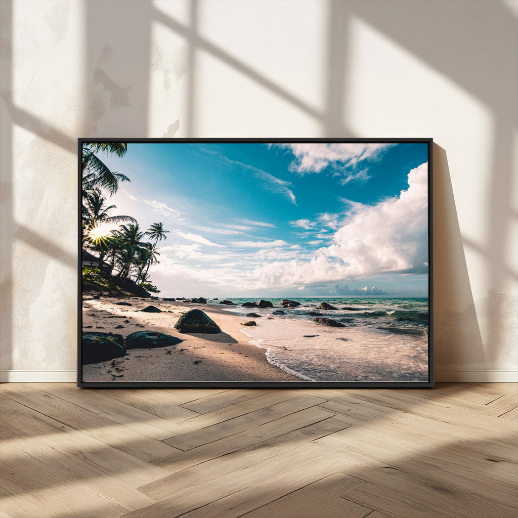 Tropical Beach Wall Art Canvas Print, Framed Ocean Waves Relaxing Seascape