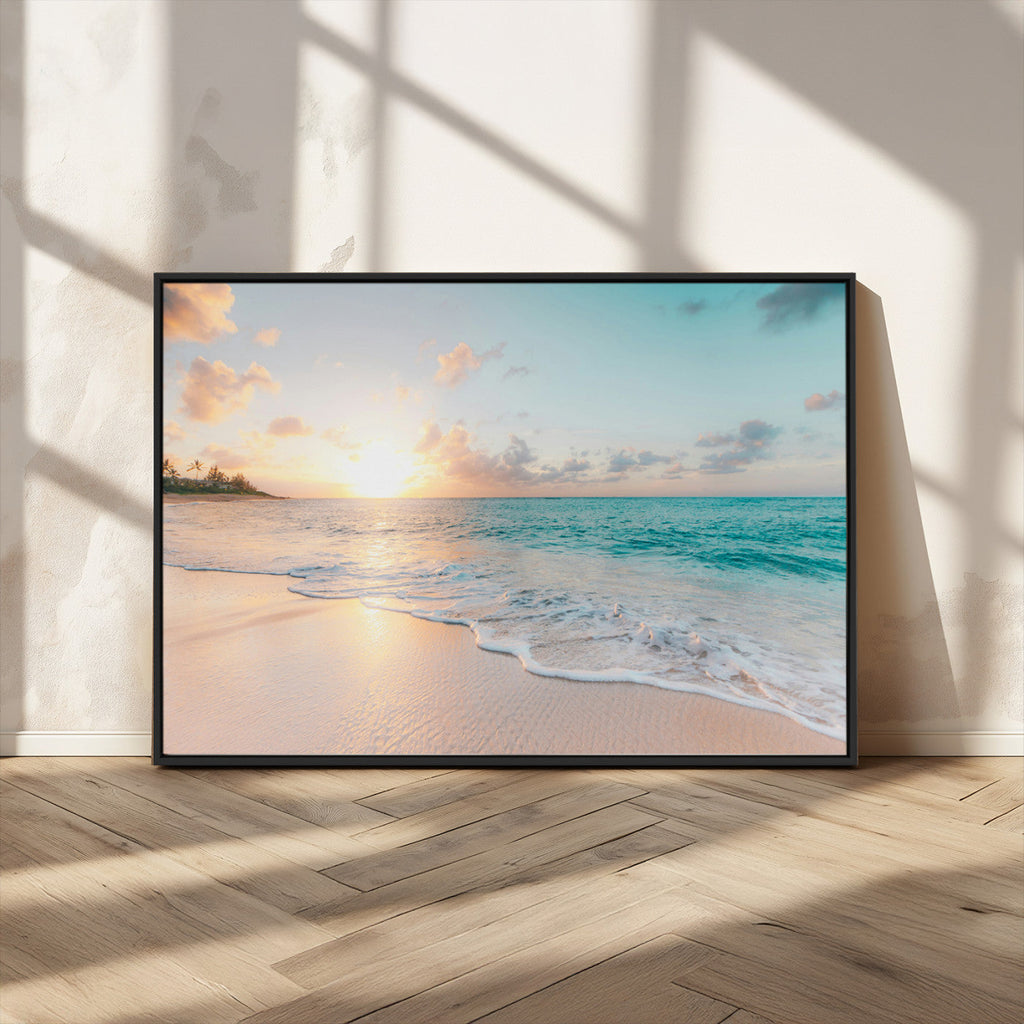 Beach Sunset Wall Art Canvas Print, Framed Ocean Waves Summer Escape