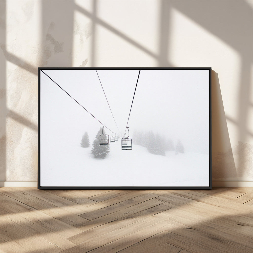 Ski Lift Wall Art Canvas Print, Framed Snowy Landscape Art, Alpine Adventure Nordic Minimalist Decor