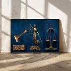 Lady Justice Wall Art Canvas Print, Elegant Gold Legal Symbols on Blue, Law Office Decor
