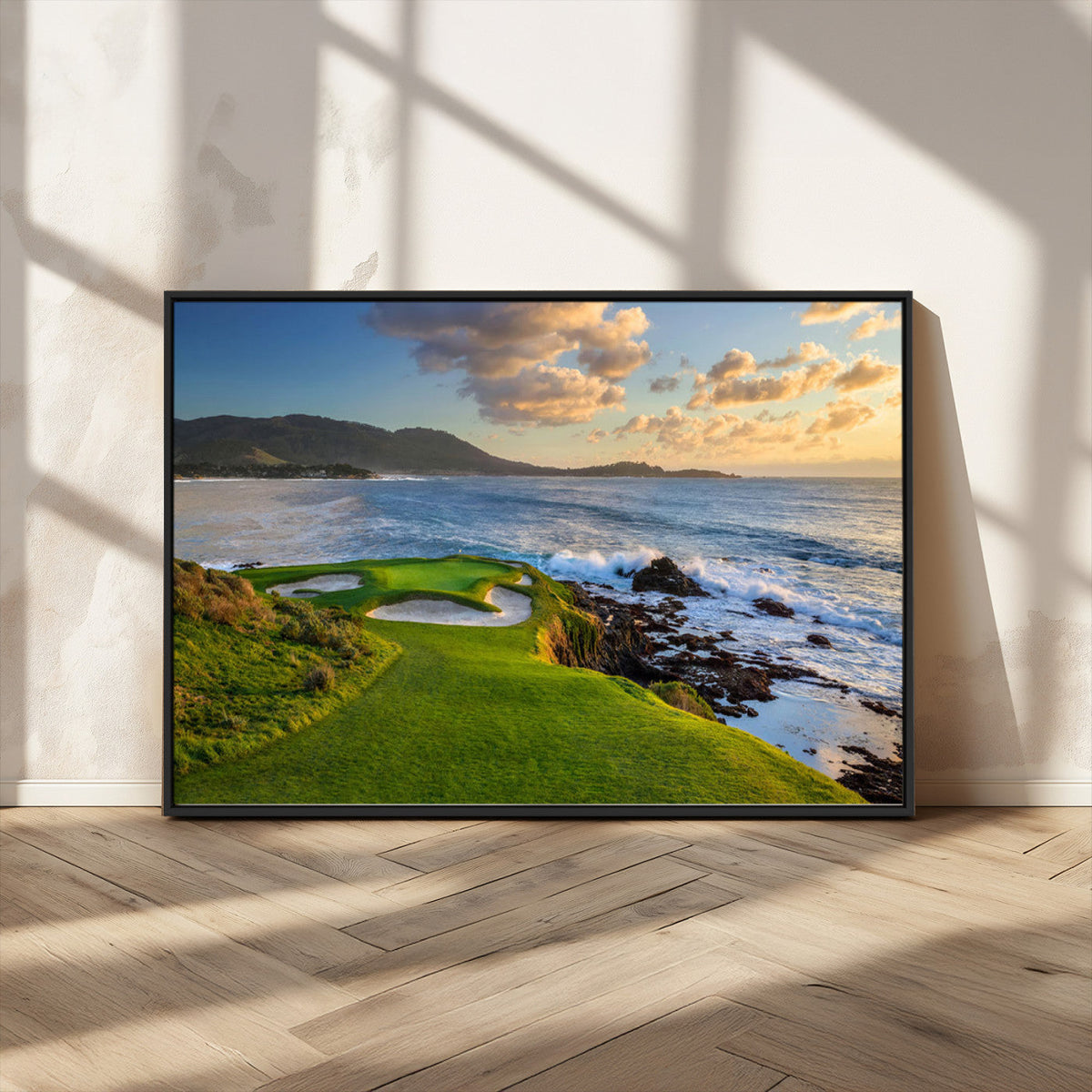 Coastal Golf Course Wall Art Canvas Print, Sunset with Rolling Green Fairways and Ocean Waves