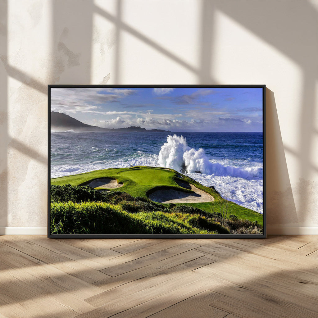 Ocean Waves Crashing Wall Art Canvas Print, Dramatic Rocky Coastline Near a Golf Course