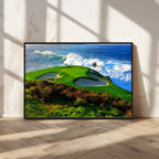 Coastal Golf Course Wall Art Canvas Print, Vibrant Green with Sand Bunkers and Ocean Waves