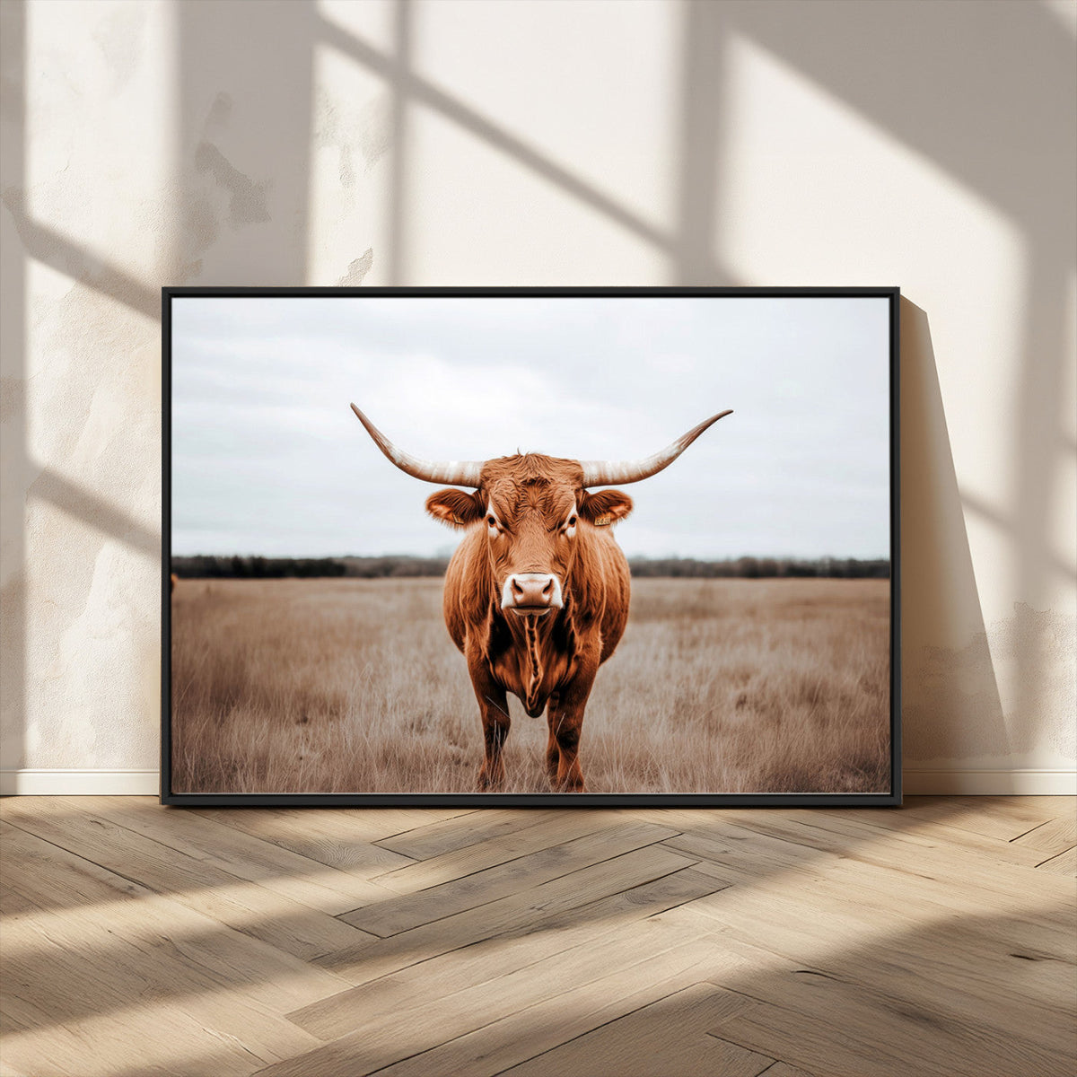 Longhorn Bull Wall Art Canvas Print, Framed Rustic Decor
