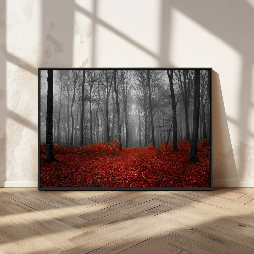 Red Forest Floor Canvas Wall Art | Mystical Foggy Woodland Triptych