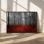 Red Forest Floor Canvas Wall Art | Mystical Foggy Woodland Triptych