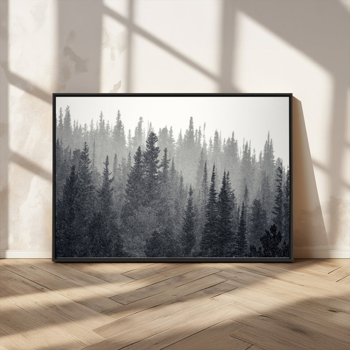 Misty Forest Canvas Wall Art | Monochrome Triptych Pine Tree Print
