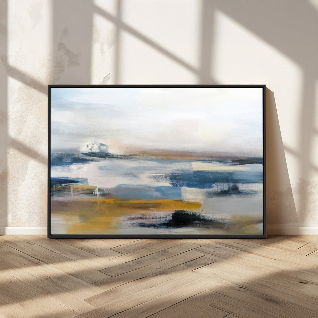 Abstract Landscape Wall Art Canvas | 3 Panel Modern Blue, Gold and White Canvas Art