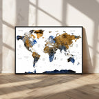 Modern Abstract World Map Canvas Wall Art | Framed Blue and Gold Map Print