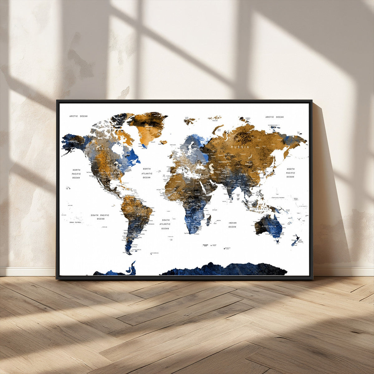 Modern Abstract World Map Canvas Wall Art | Framed Blue and Gold Map Print