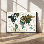 Vintage World Map Wall Art Canvas Print, Framed Rustic Earth Tone Map