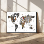 Modern Metallic World Map Canvas Wall Art | Framed Contemporary World Map Print