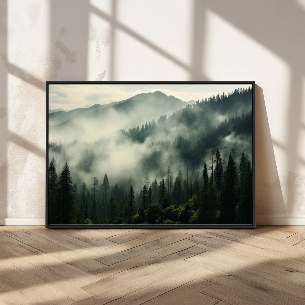 Captivating Misty Forest Wall Art Premium Canvas Print, A Foggy and Serene Atmosphere