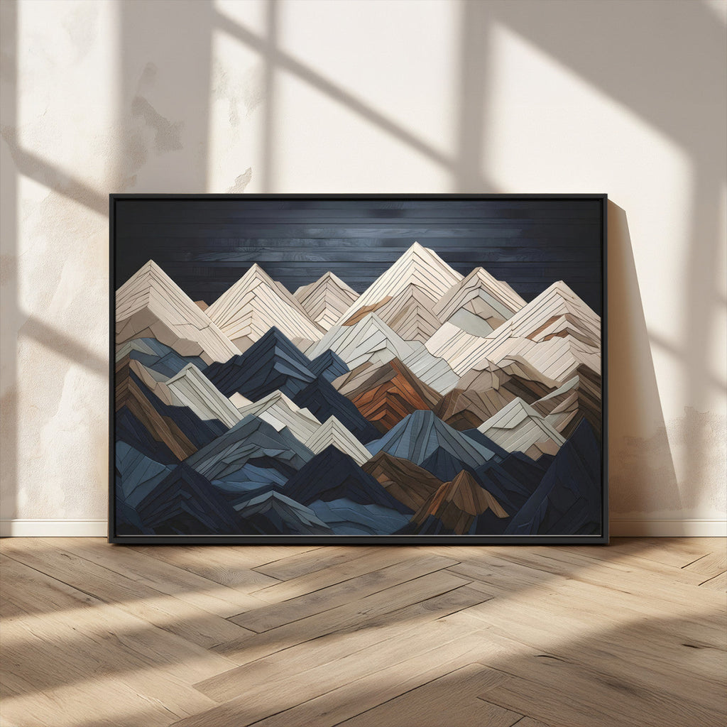 Rustic Mountain Landscape Wall Art Canvas Print, Framed 3D Wooden Effect Mountain Art