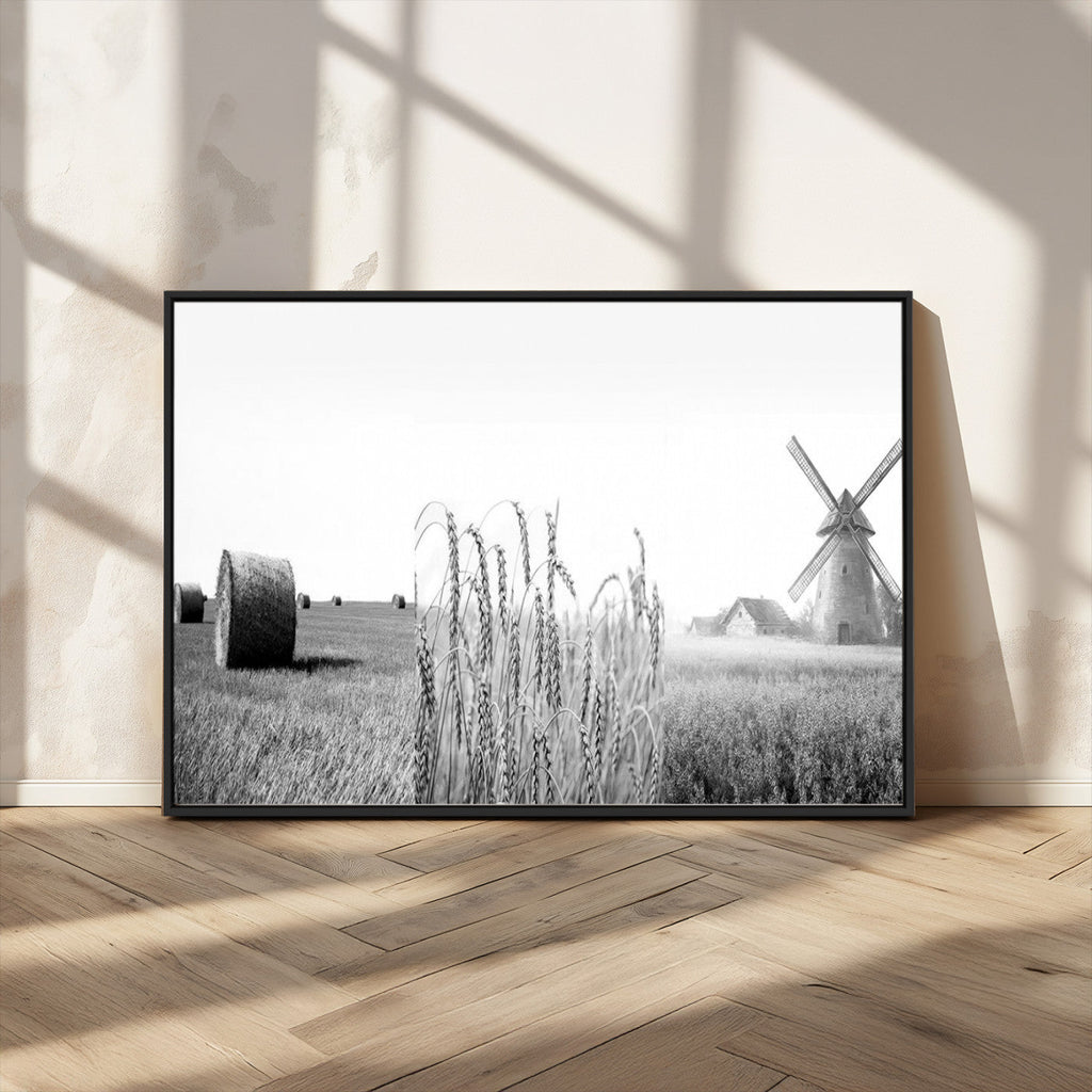 Vintage Farmhouse Black and White Triptych Wall Art, Giclee Canvas with Wheat Fields, Hay Bales and Windmill