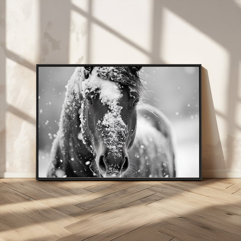 Black and White Horse Winter Wall Art, Ready to Hang