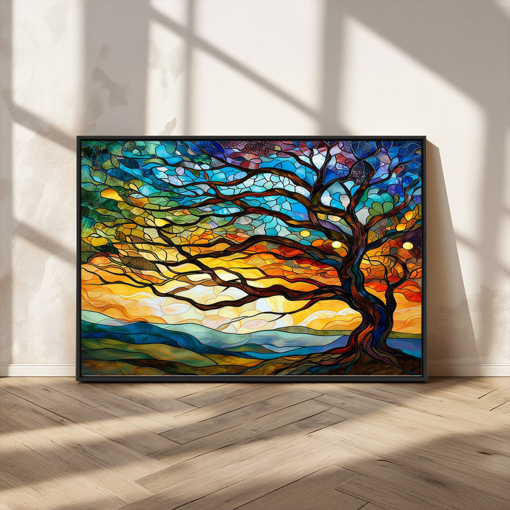 Vibrant Mosaic Tree of Life Wall Art, Stained Glass Style Canvas Print