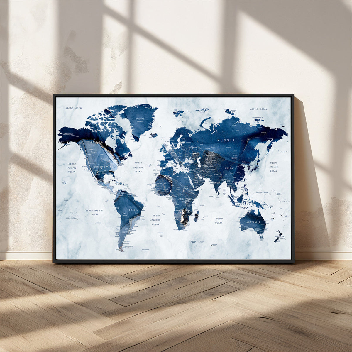 Modern Blue World Map Canvas Print | Elegant Travel Map Wall Art for Home Office