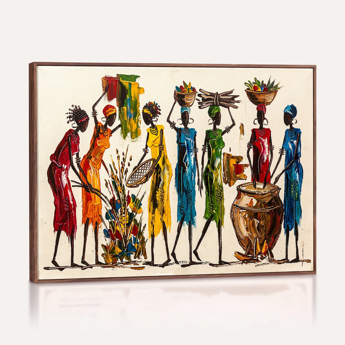 African Folk Art Canvas Wall Art, Colorful African Women Village Painting Print