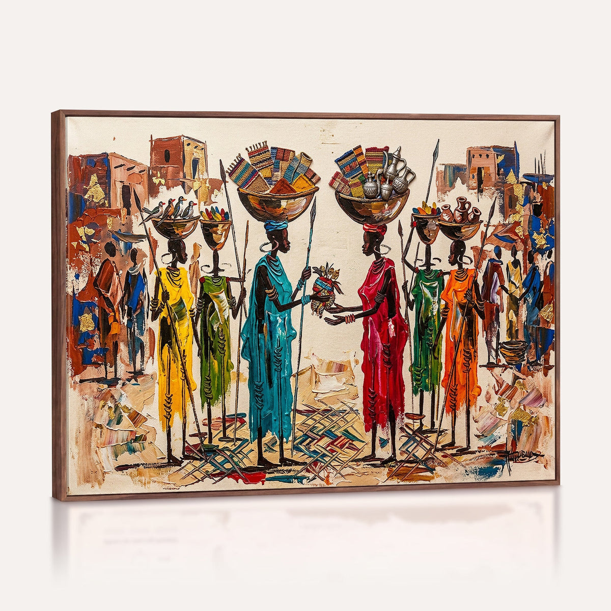 African Folk Art Canvas Wall Art, Colorful African Women Village Painting Print