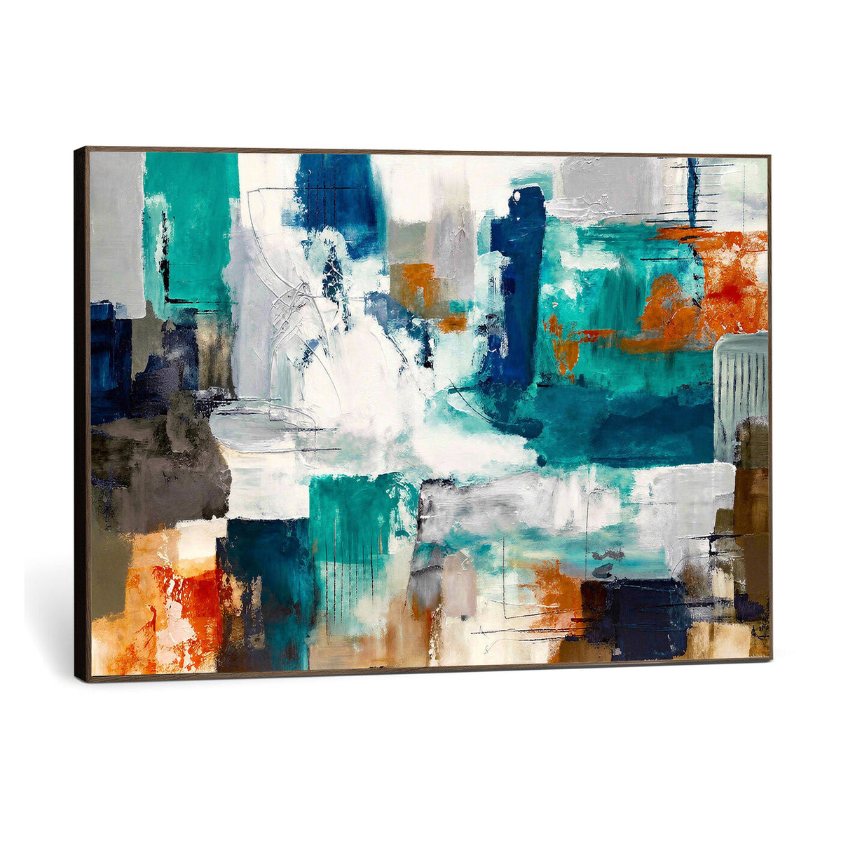 Blue Teal Abstract Canvas Wall Art, Modern Brushstroke Style Print, Navy Orange Contemporary Decor