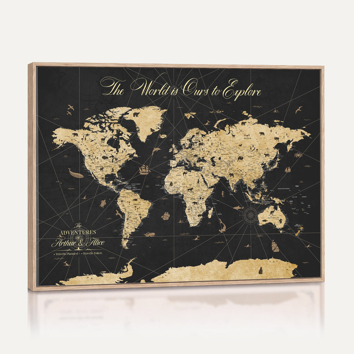 Custom Push Pin World Map Canvas Print, Couples Countries Visited Map, Living Room and Home Office Decor