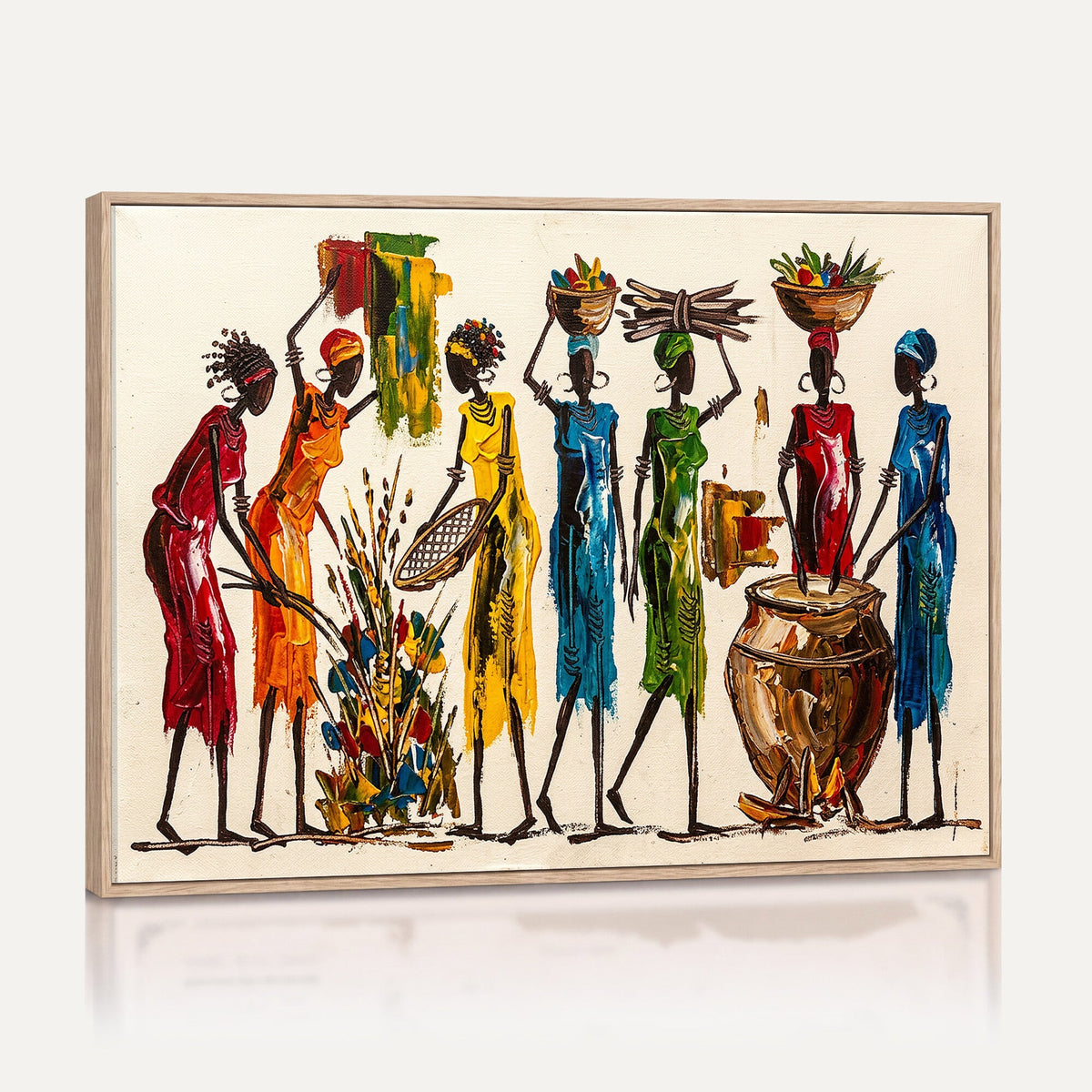 African Folk Art Canvas Wall Art, Colorful African Women Village Painting Print