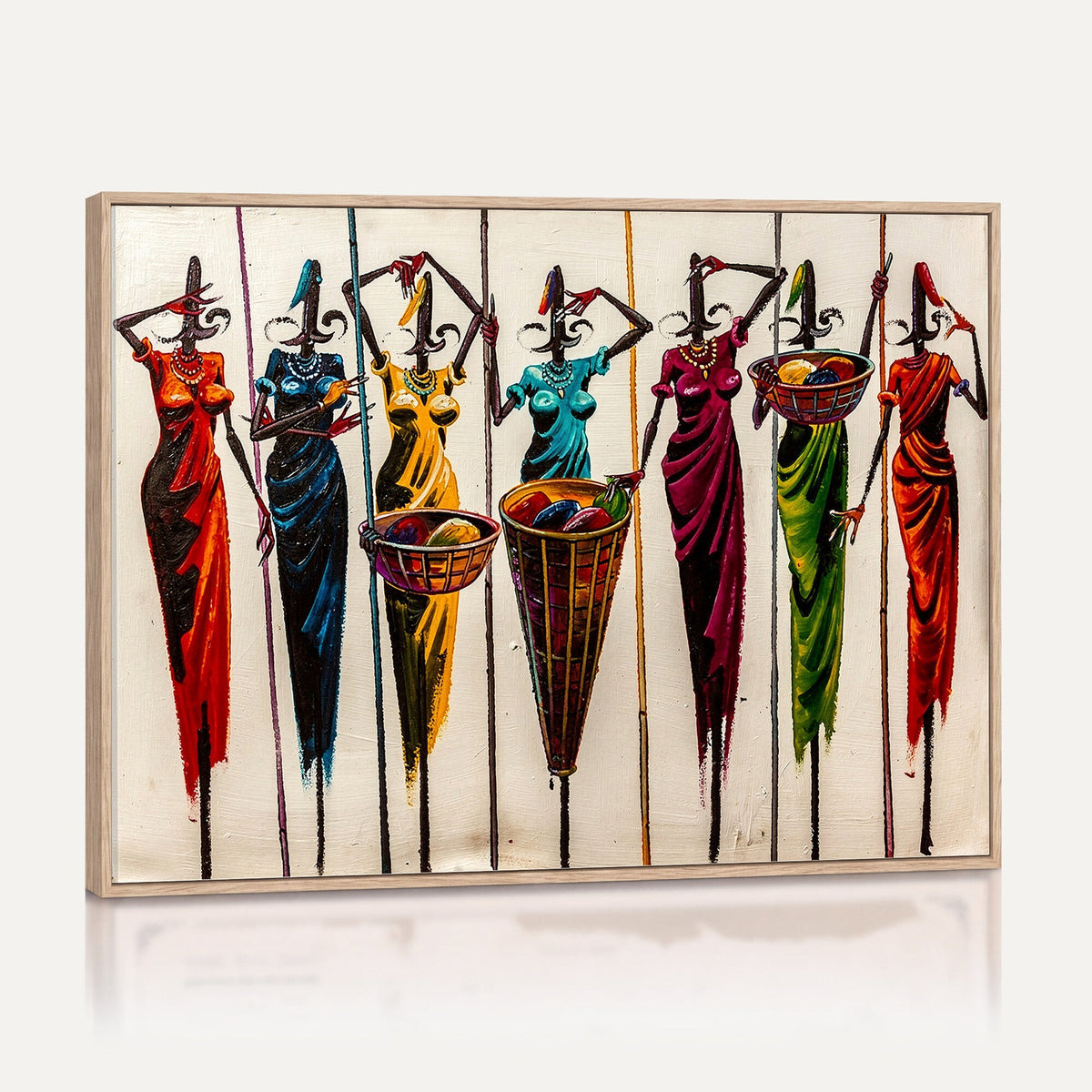 African Folk Art Canvas Wall Art, Colorful African Women Village Painting Print