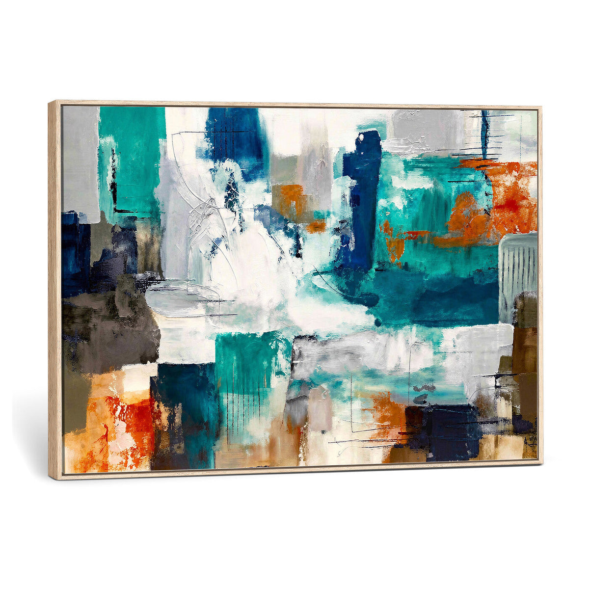 Blue Teal Abstract Canvas Wall Art, Modern Brushstroke Style Print, Navy Orange Contemporary Decor