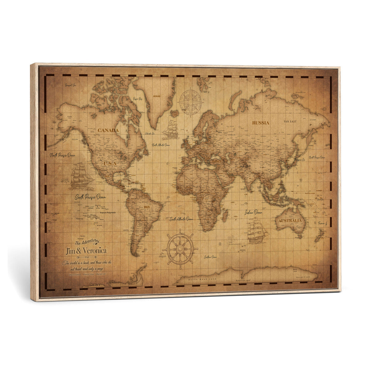 Personalized Vintage World Map Canvas with Push Pins, Next Trip Planner Map, Living Room and Family Room Decor