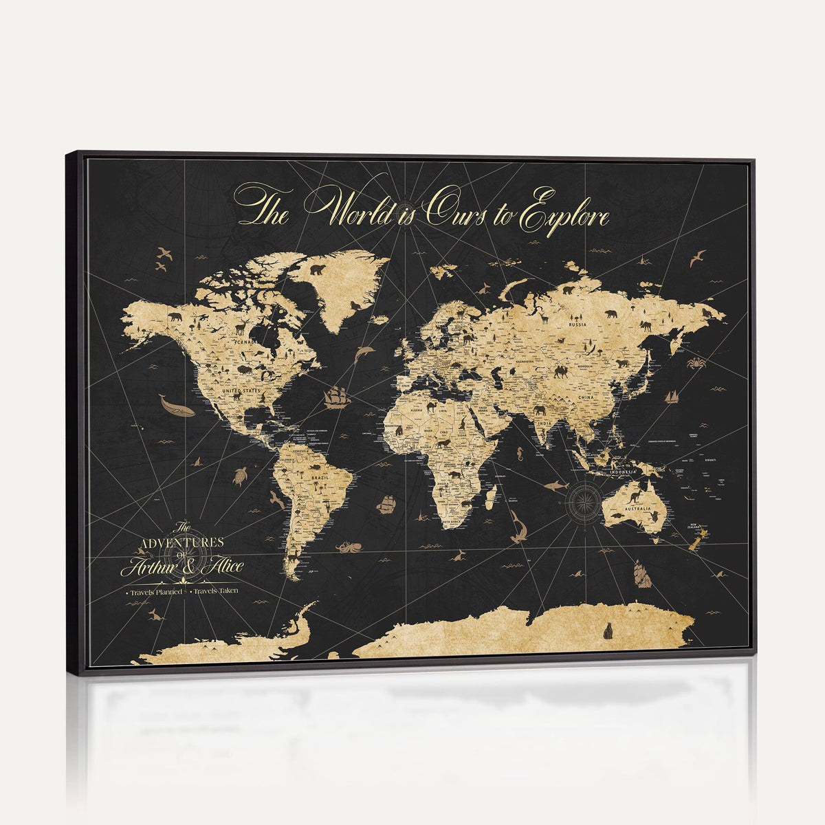 Custom Push Pin World Map Canvas Print, Couples Countries Visited Map, Living Room and Home Office Decor