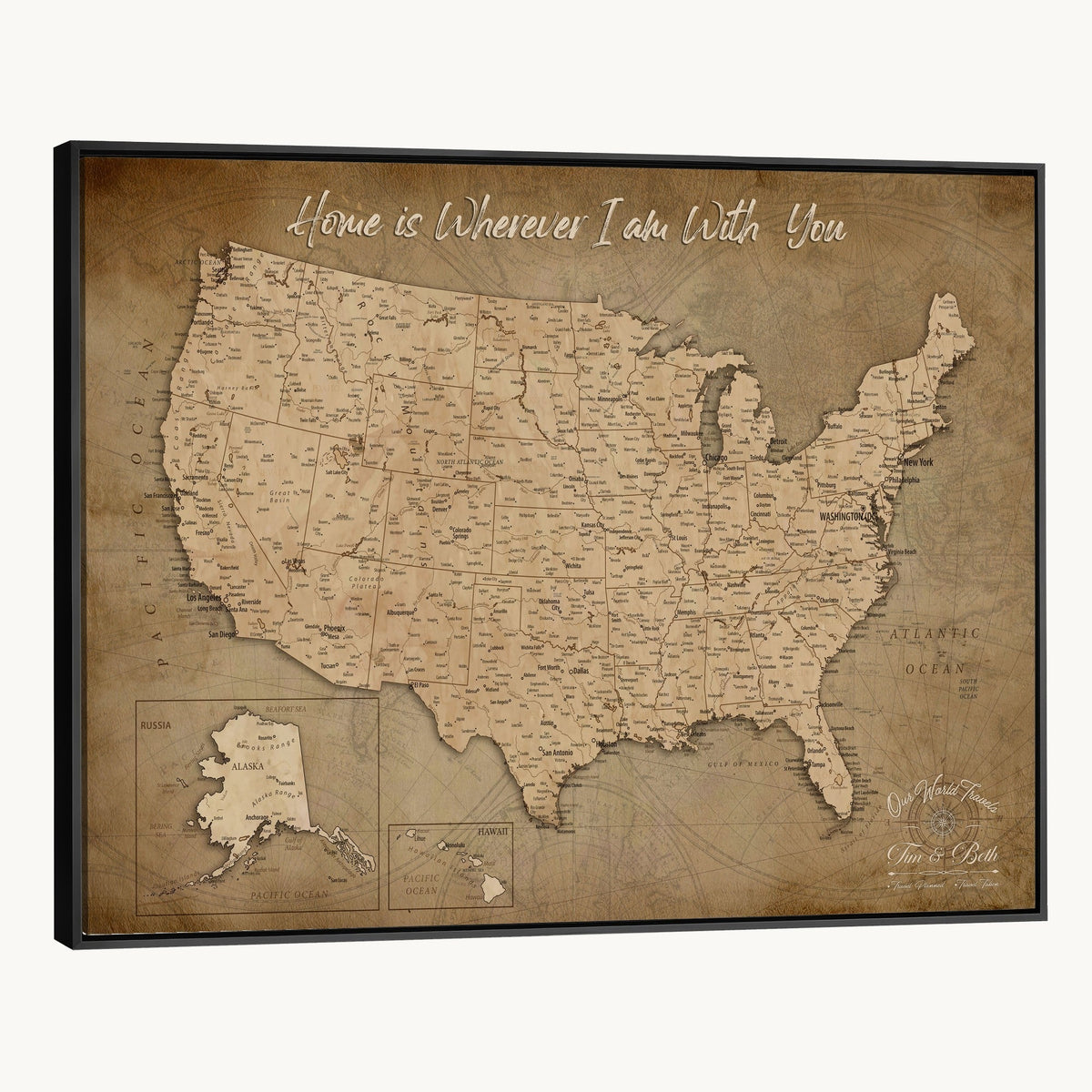 Personalized Beige USA Travel Map Canvas with Push Pins, Family Road Trip Map, Entryway and Hallway Decor
