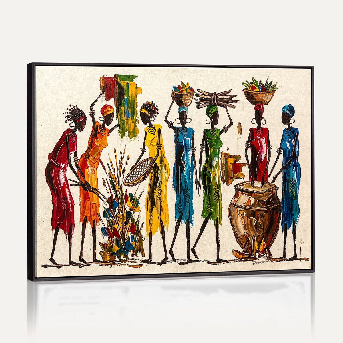 African Folk Art Canvas Wall Art, Colorful African Women Village Painting Print