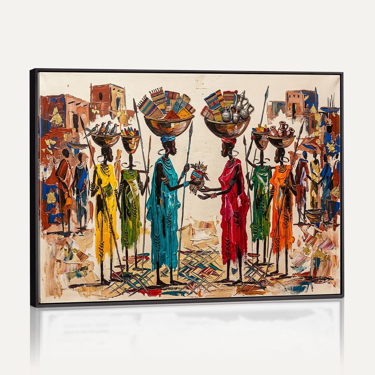 African Folk Art Canvas Wall Art, Colorful African Women Village Painting Print