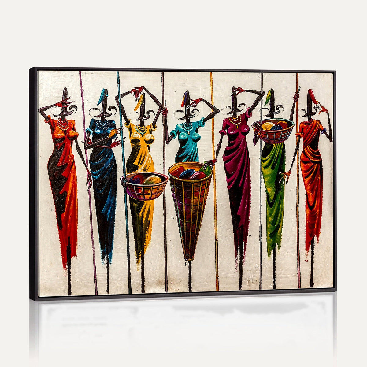 African Folk Art Canvas Wall Art, Colorful African Women Village Painting Print