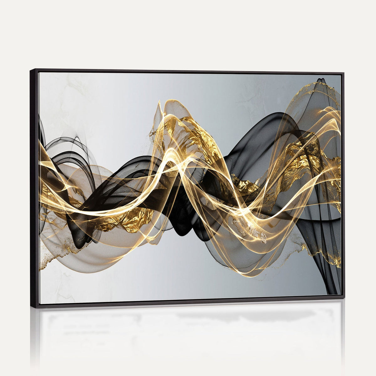 Black and Gold Abstract Wall Art, Modern Wave Canvas Print, Elegant Flowing Smoke Art