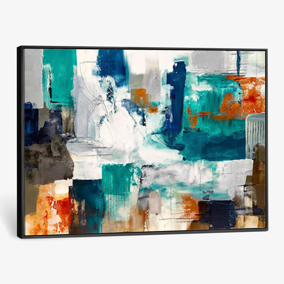 Blue Teal Abstract Canvas Wall Art, Modern Brushstroke Style Print, Navy Orange Contemporary Decor