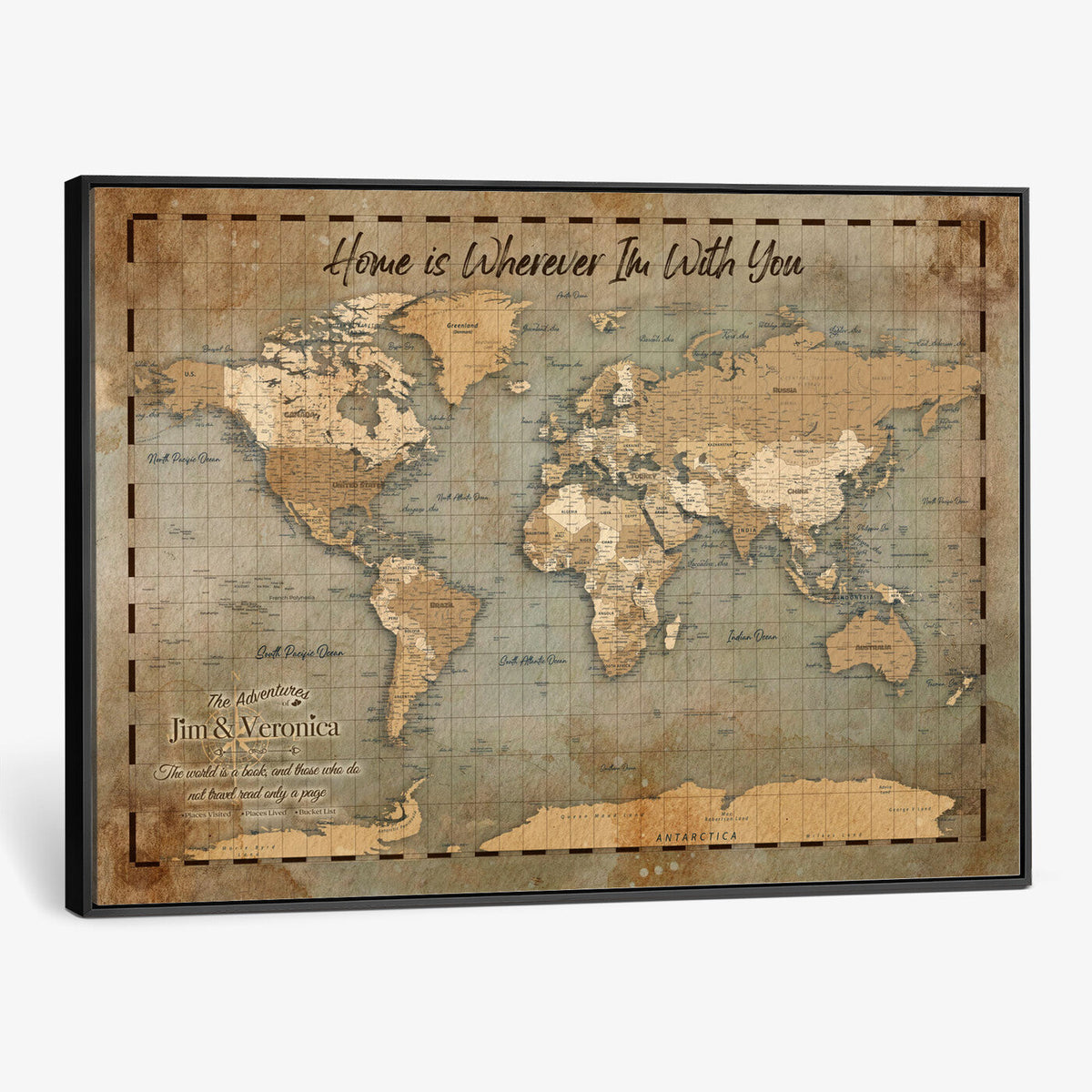 Personalized Vintage Push Pin World Map Wall Art, Bucket List Map, Living Room and Study Decor