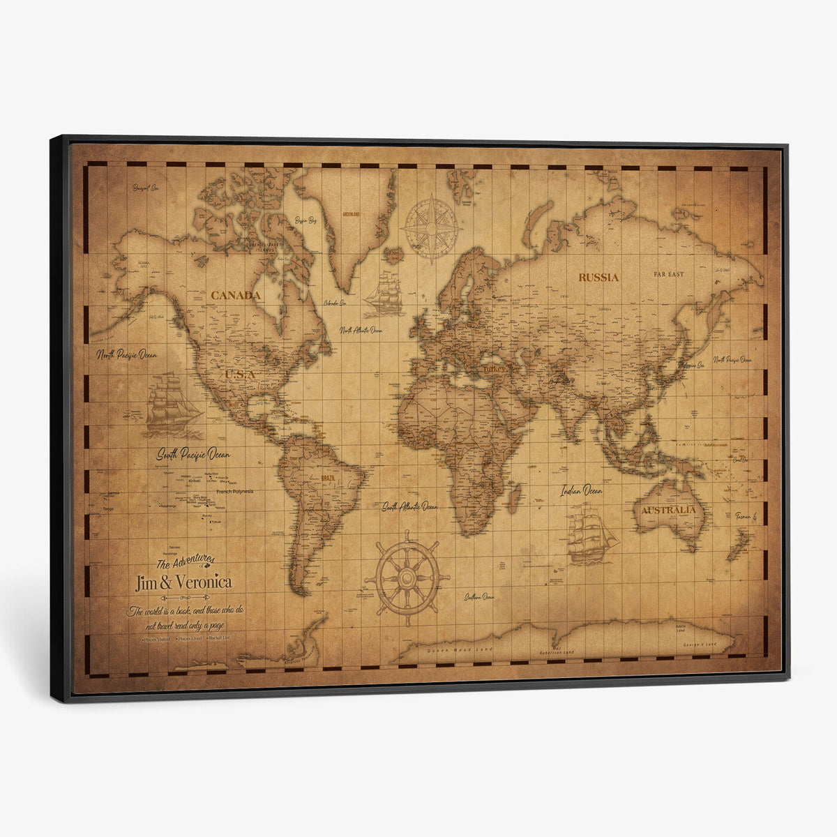 Personalized Vintage World Map Canvas with Push Pins, Next Trip Planner Map, Living Room and Family Room Decor