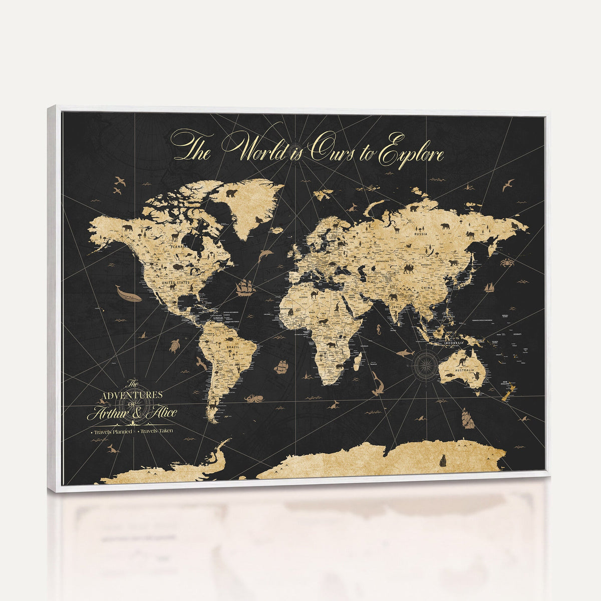 Custom Push Pin World Map Canvas Print, Couples Countries Visited Map, Living Room and Home Office Decor