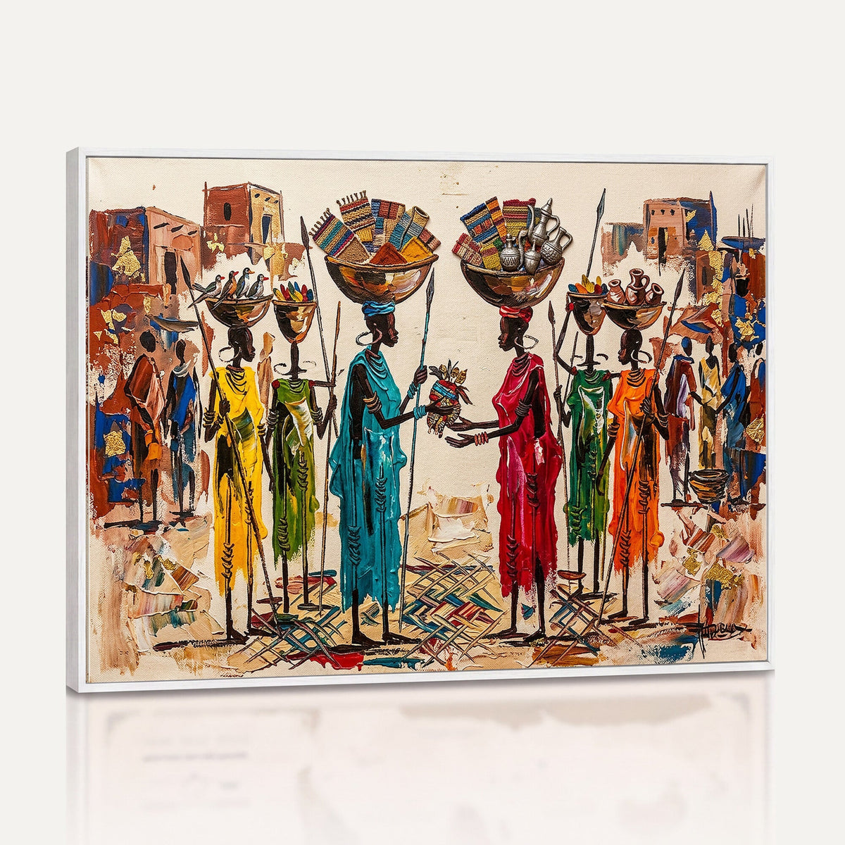African Folk Art Canvas Wall Art, Colorful African Women Village Painting Print
