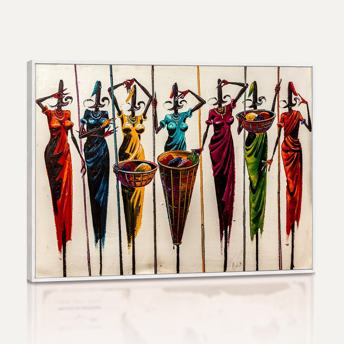 African Folk Art Canvas Wall Art, Colorful African Women Village Painting Print
