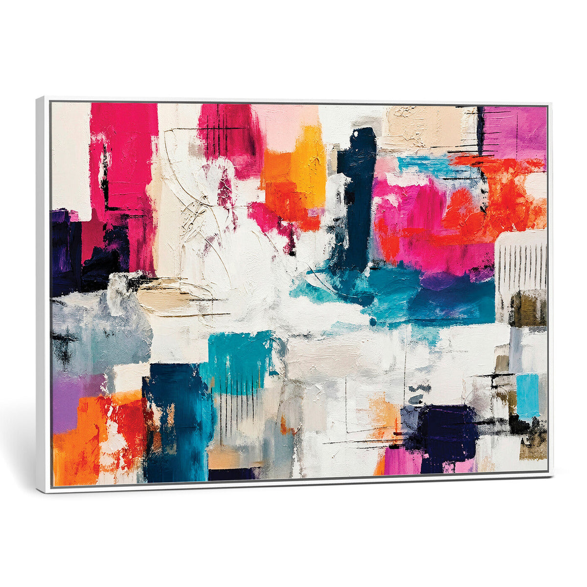 Blue Teal Abstract Canvas Wall Art, Modern Brushstroke Style Print, Navy Orange Contemporary Decor