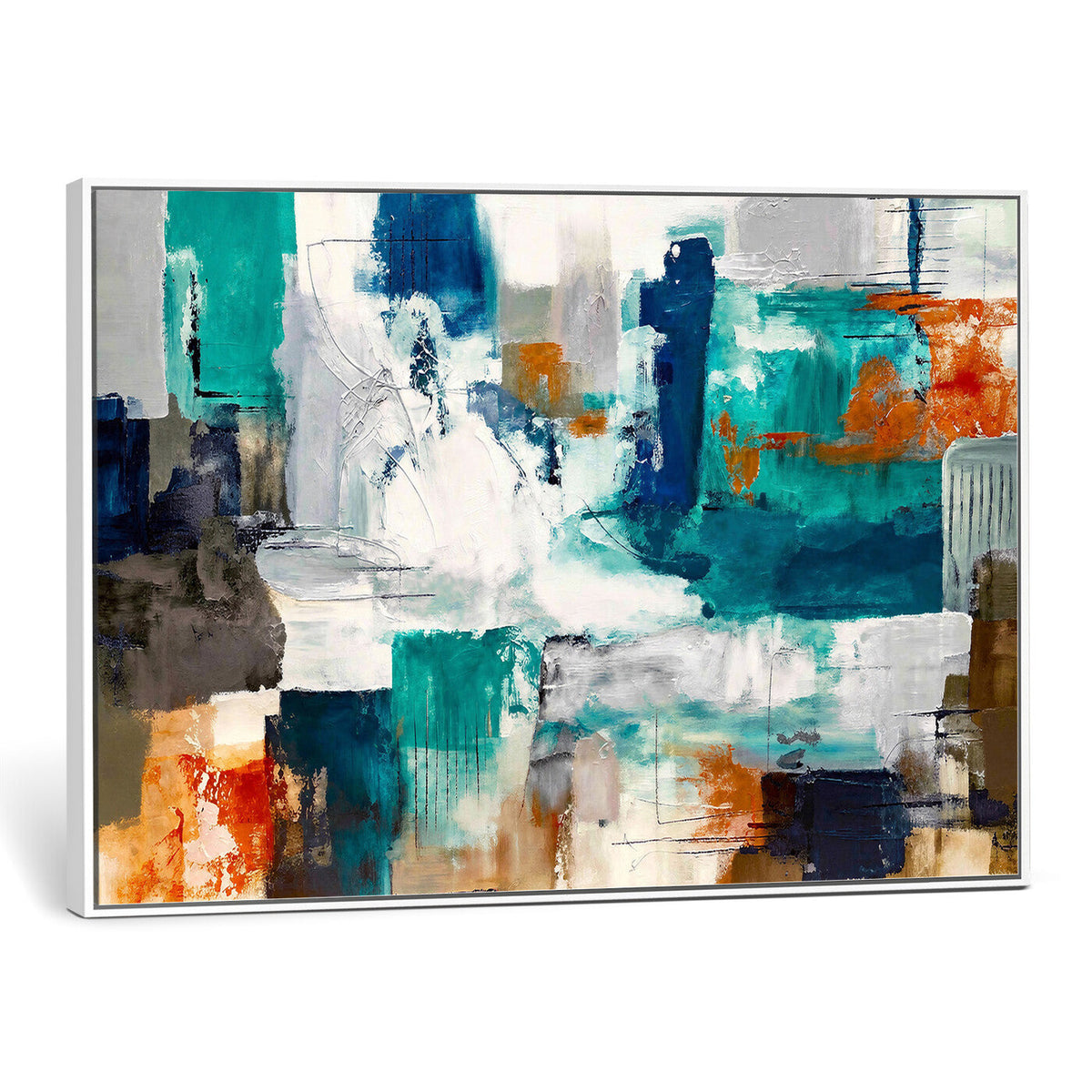 Blue Teal Abstract Canvas Wall Art, Modern Brushstroke Style Print, Navy Orange Contemporary Decor