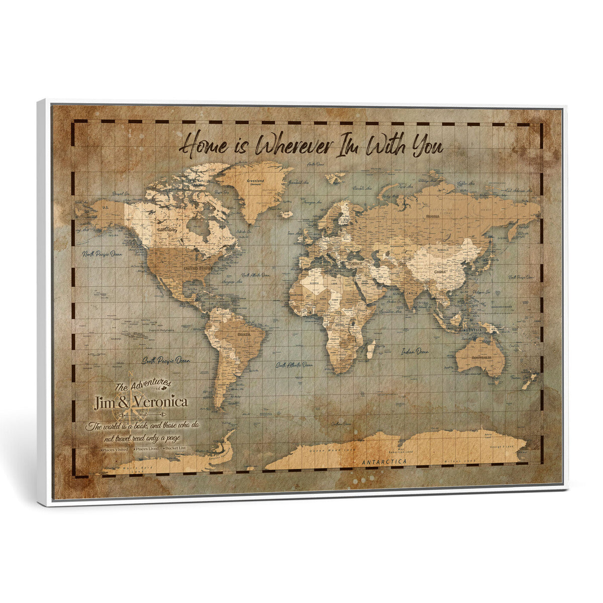 Personalized Vintage Push Pin World Map Wall Art, Bucket List Map, Living Room and Study Decor