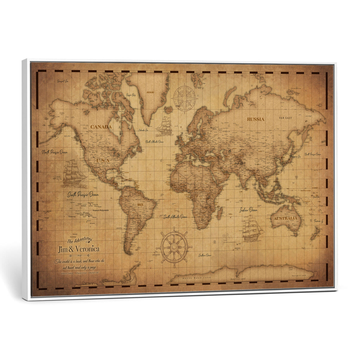 Personalized Vintage World Map Canvas with Push Pins, Next Trip Planner Map, Living Room and Family Room Decor