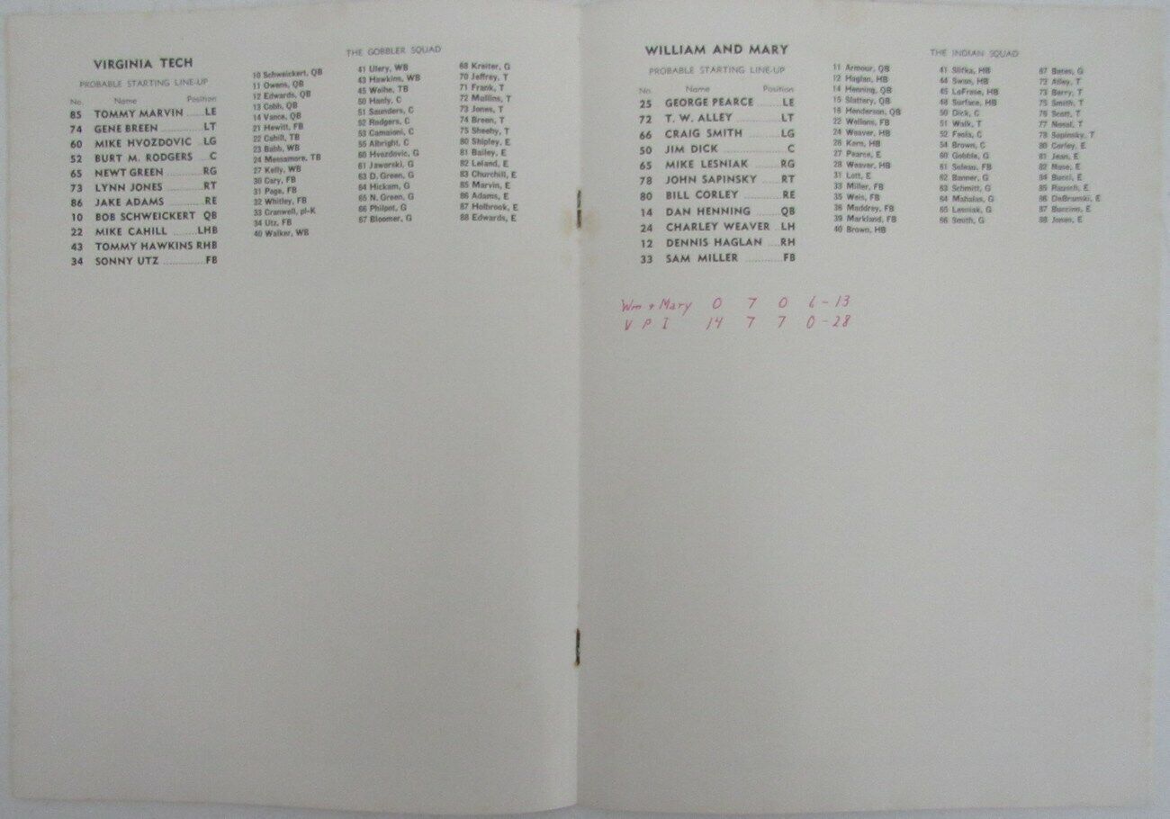1963 Virginia Tech vs. William & Mary College Football Game Program 148783
